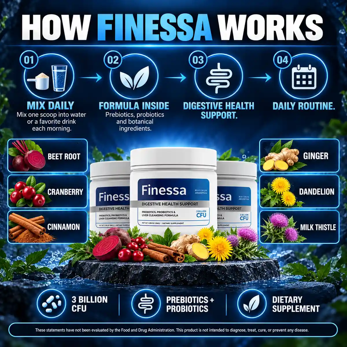 The seller&rsquo;s How Finessa Works panel: mix daily, formula inside, digestive health support, daily routine