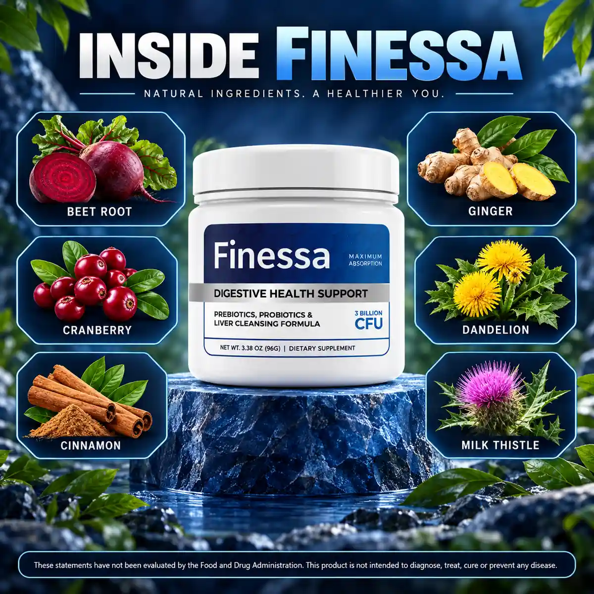 The seller&rsquo;s Inside Finessa panel naming beet root, cranberry, cinnamon, ginger, dandelion and milk thistle around a tub