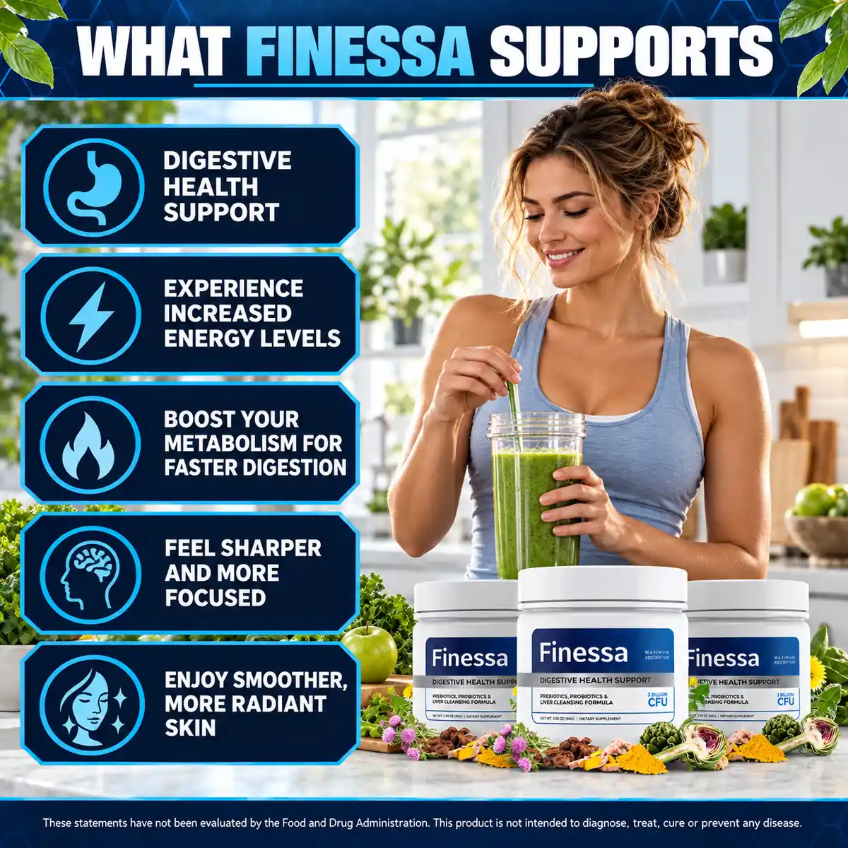 The seller&rsquo;s What Finessa Supports panel, listing five support lines beside three tubs