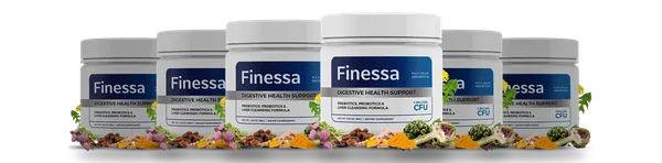 Six Finessa tubs lined up, each labelled Digestive Health Support, net wt 3.38 oz
